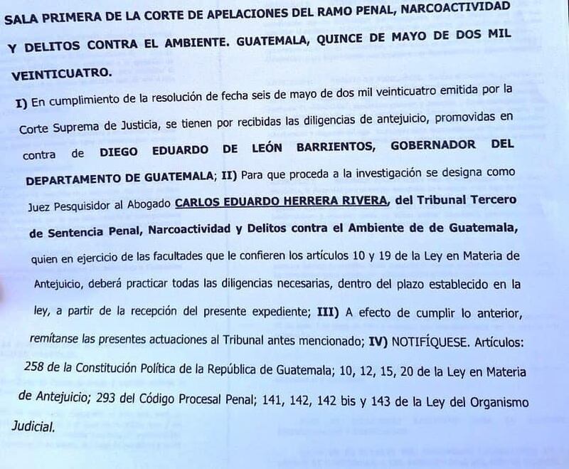 CSJ da trámite a la querella penal contra Gobernador Departamental de Guatemala