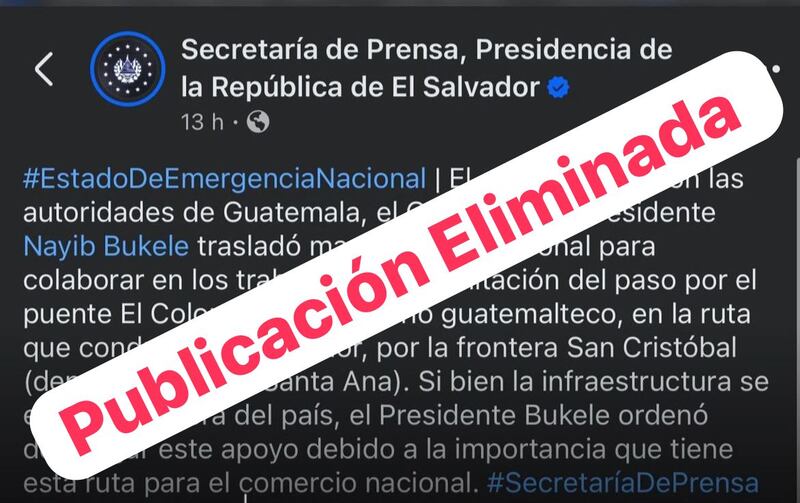 Esta es la publicación eliminada de las redes de la Secretaría de Prensa, Presidencia de la República de El Salvador.