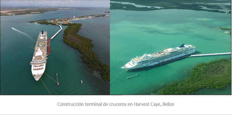 Construcción terminal de cruceros en Harvest Caye, Belize