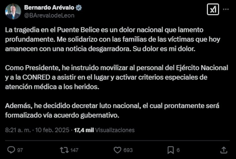 ¡Día de luto nacional! Bernardo Arévalo se pronuncia por el accidente en Puente Belice