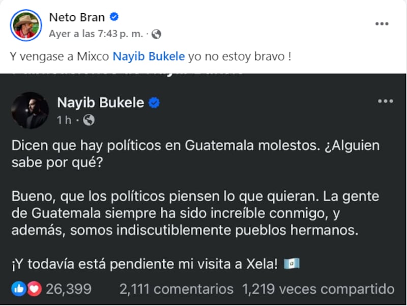 Alcalde Neto Bran invita a Nayib Bukele a Mixco “Yo no estoy bravo”